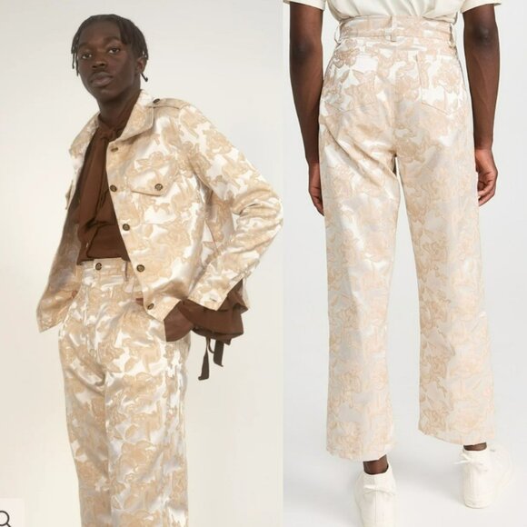 House of AAMA Mens Cherub Ogun Military Pants Tan Creme Jacquard Floral Print - Picture 2 of 15